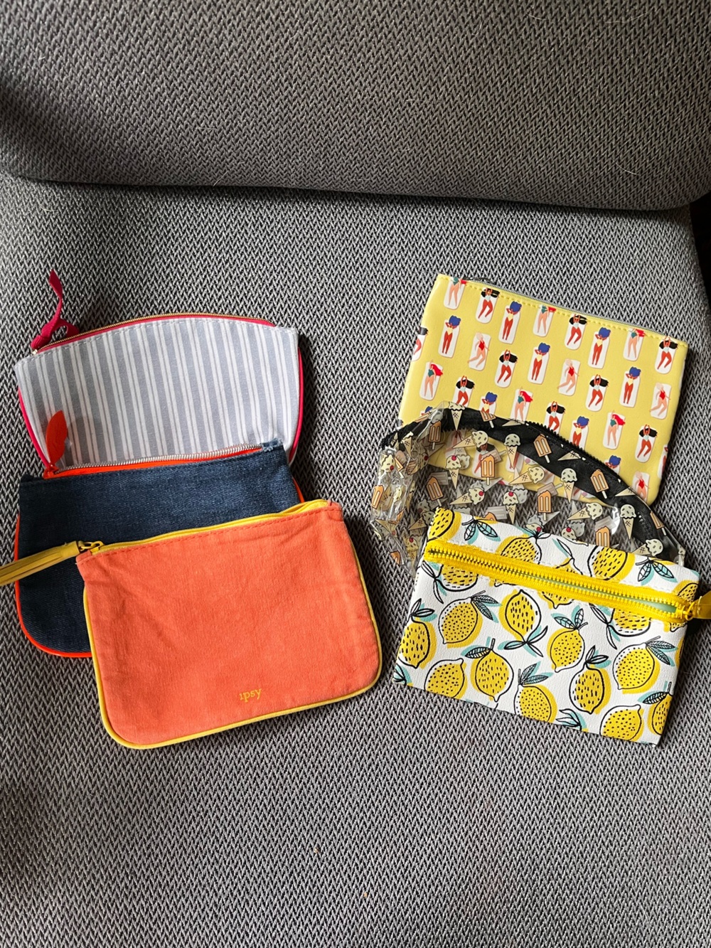 Set of 6 Ipsy Small Zip Bags. Yellow, Orange, Blue. Approximately 4 x 7